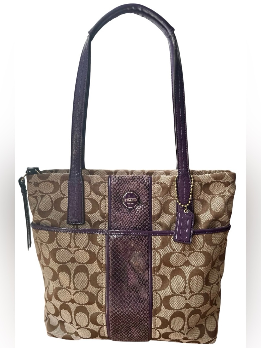 Signature Canvas Tote with Purple Leather Snakeskin Accent from Coach💜